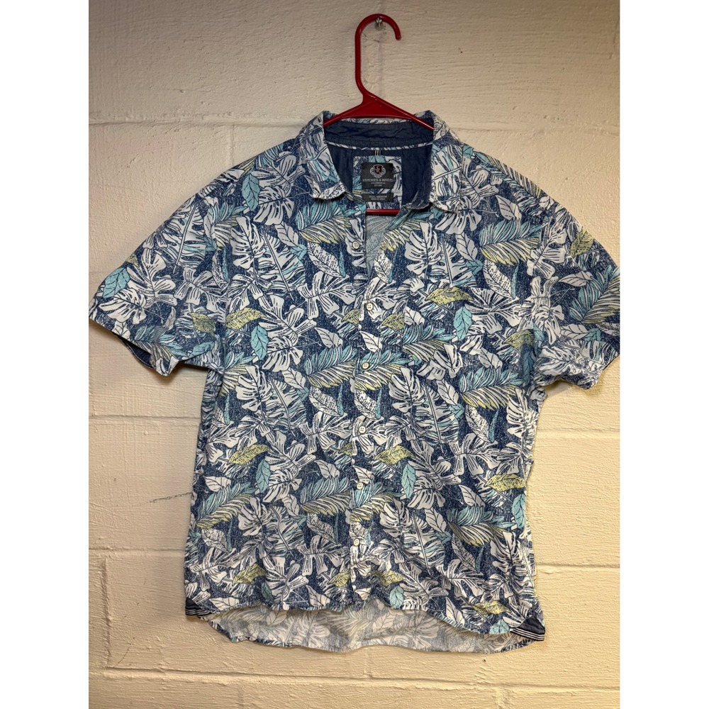 Stitches & Rivets Mens Medium Blue Tropical Leaf Print Short Sleeve Button Down